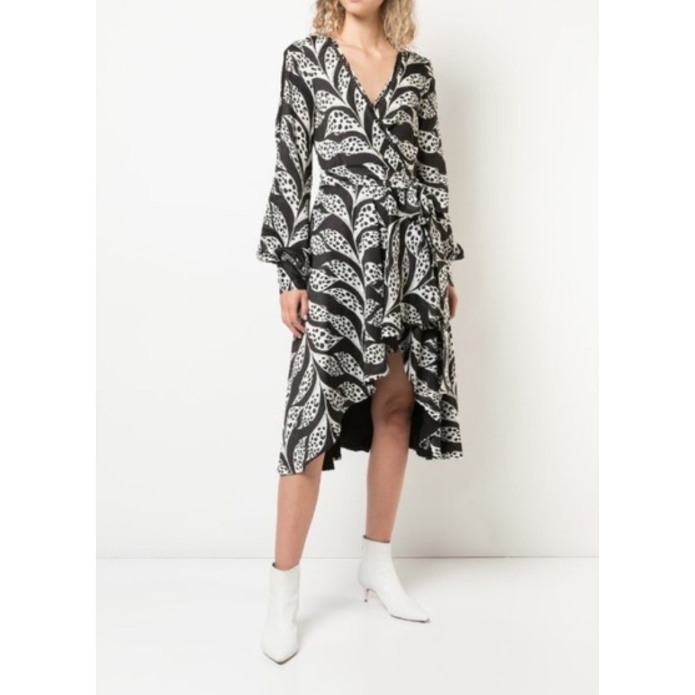 PatBO Leaf Print Wrap Midi Dress Women 12 Black White High Low Lace Trim Boho